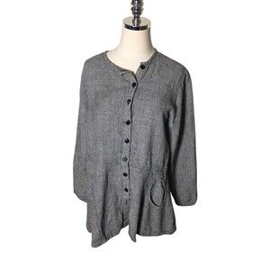 Flax Top Women's Size Small Houndstooth 100% Linen Black White Button Up